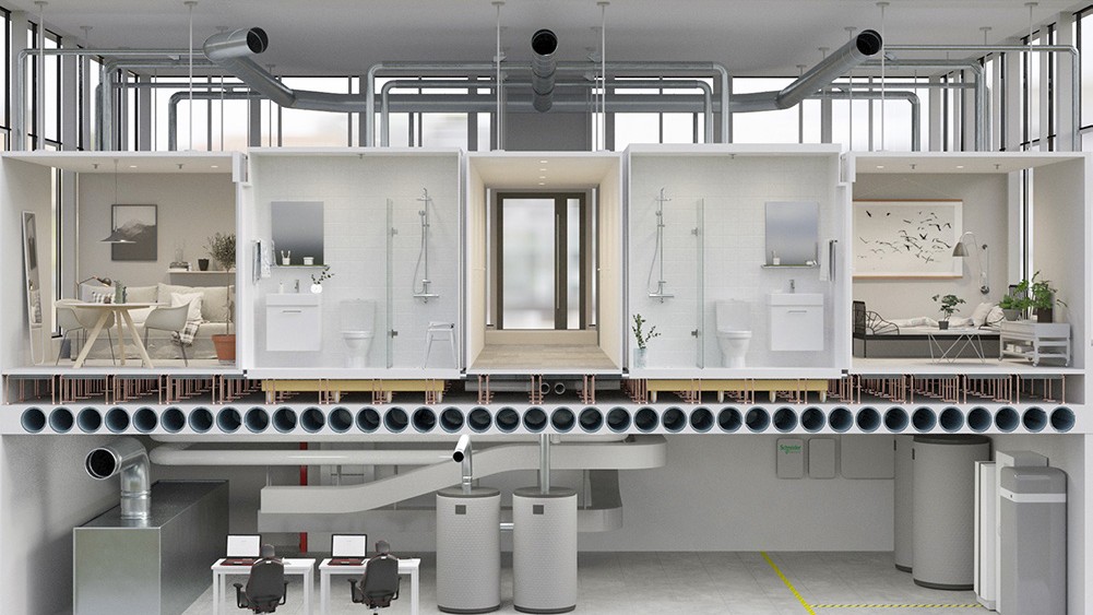 An image showing three levels of KTH Live-in Lab: control room, apartments, and ventilation.